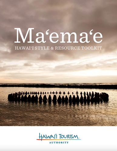 Image of numerous people standing in a circle holding hands at a loko iʻa (fishpond). The image is a clickable link to Hawaiʻi Tourism Authority's Maʻemaʻe Toolkit pdf. 
