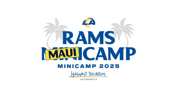 LA Rams MauiCamp Minicamp 2025 logo/graphic and Hawaii Tourism Authority logo.